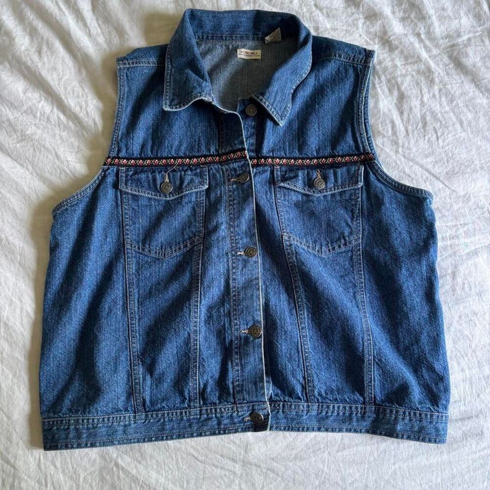 Vintage Y2K Cherokee Denim Jean Vest Floral Jaqcquard Boho Trim Size XL